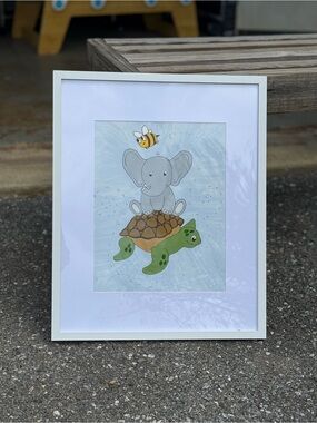 Nursery Decor Framed Original Painting Bear with turtle and bee